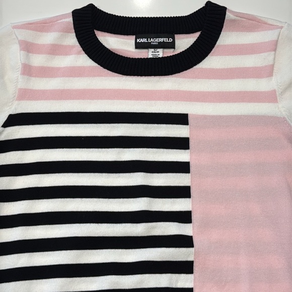 Karl Lagerfeld Paris Stripe Soft Lightweight Sweater Fabric Short Sleeve S - Picture 3 of 11